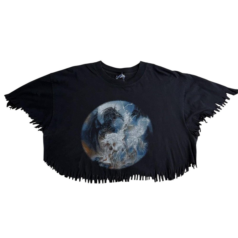 Vintage Unicorn Dragon Graphic Rocker T-shirt  Cropped Fringe Trim Black Blue XL